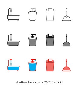 line icons of bathroom supplies, toilet plunger, liquid soap, bathtub, trash can in red, light black and light blue colors - vector