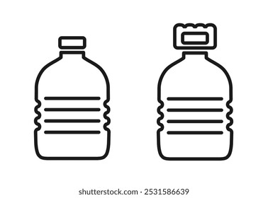 Line icons of big plastic bottle of potable water with and without a handle. Line pictograms with editable stroke for web design, app interface. Recyclable beverage packaging. Vector illustration