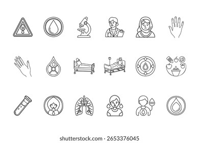 Iconos de línea gota de sangre, microscopio, médico, paciente, pulmones, mano, símbolos médicos
