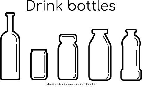 Line icons of bottles for drinks. Bottles for water, alcohol, milk, juice. Set of vector bottle icons.