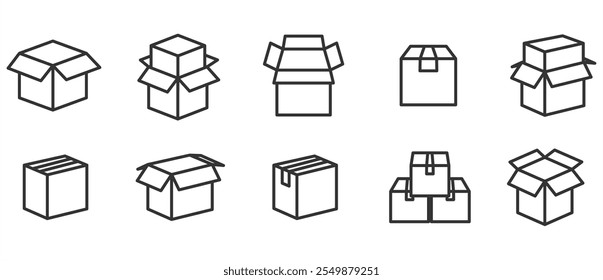 Iconos de línea de cajas y paquete. Paquete, caja, cartón, entrega, paquete de iconos de línea delgada. Cajas de entrega y paquete, conjunto de iconos de línea fina. Colección de símbolos en fondo transparente. Trazo editable