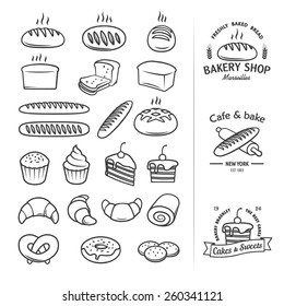 Line icons of bread and other bakery products from which you can create a cool vintage logo for groceries, bakeries, cakery, shops and restaurants. Editable vector set