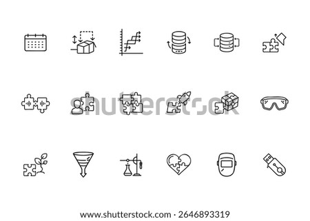 Line icons of calendar box graph database puzzle pieces rocket cube goggles plant funnel scale heart mask