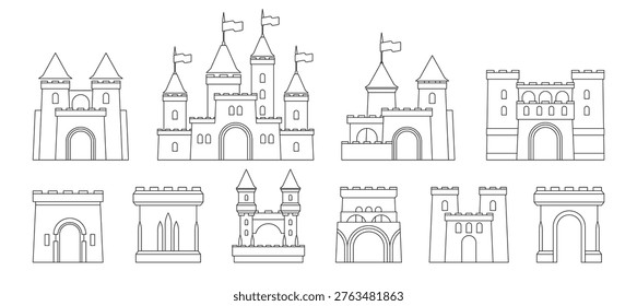 Line icons of castle buildings. Vector fortresses and keeps towers with flags, arched gates and entrance doors, walls and battlements, bridges and auxiliary structures. Fortified constructions