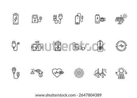 Line icons of charging batteries solar panels wind turbines energy symbols Bundle