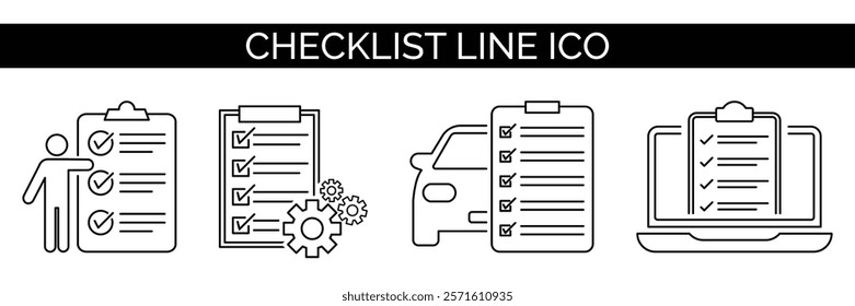 Line icons for checklist, planning, and productivity. Minimalist design featuring task tracking and organization visuals for office or personal use. For workflow management and project planning.