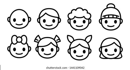 Line icons of childen of different ages and gender. Kids faces of happy boys and girls emoji set. Simple and cute isolated vector.