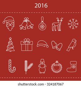 Line icons for christmas and new year. Santa Claus, bell, Christmas decorations, reindeer, snowflake, Christmas tree, gift, Bullfinch, Christmas hat, snowman. Vector illustration.