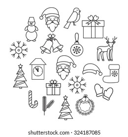 Line icons for christmas and new year. Santa Claus, bell, Christmas decorations, reindeer, snowflake, Christmas tree, gift, Bullfinch, Christmas hat, snowman. Vector illustration.