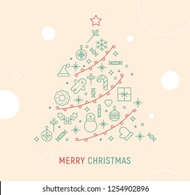 Line icons Christmas tree concept illustration holiday card. flat design vector graphic style.