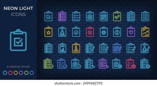 Line icons with clipboard, neon light style, brick wall background - check list, report, survey, questionnaire, vector eps10 illustration