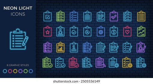 Line icons with clipboard, neon light style, brick wall background - check list, report, survey, questionnaire, vector eps10 illustration