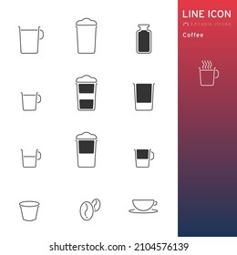 Iconos de línea de las cápsulas de bebidas de café y los granos de café