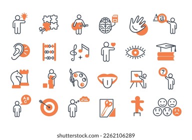 Line icons of cognitive abilities set. Collection of elements for website. Creativity, goal setting and planning, logical thinking. Cartoon flat vector illustrations isolated on white background