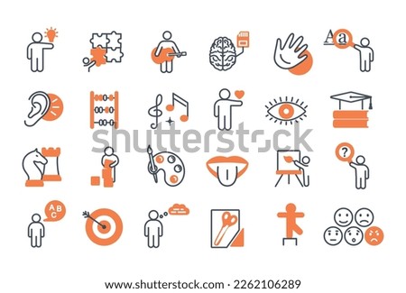Line icons of cognitive abilities set. Collection of elements for website. Creativity, goal setting and planning, logical thinking. Cartoon flat vector illustrations isolated on white background