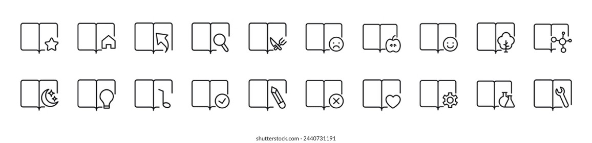 Line Icons collection of books with various items. Editable stroke. Simple linear illustration for web sites, newspapers, articles book