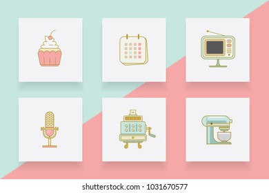 Line icons collection of cupcake, calendar, retro tv, microphone, cash register and blender