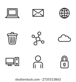 Ícones de linha de computador e símbolos de internet e objetos no ícone de fundo branco