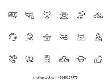 Line icons customer service elements including feedback, support, satisfaction symbols