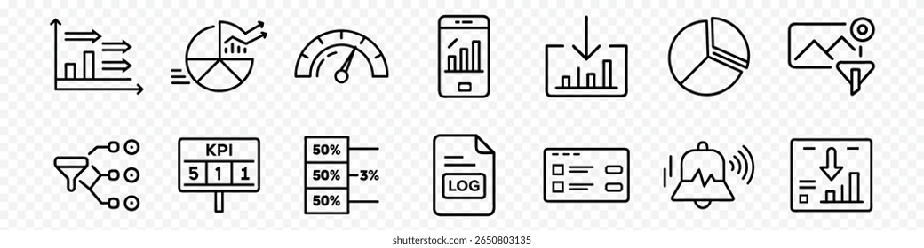 Ícones de linha para análise de dados e desempenho de negócios - painéis de KPI, gráficos, métricas, relatórios, estatísticas, notificações, ferramentas de visualização de dados, análise de negócios, relatórios de painel de controle