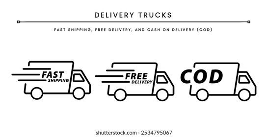 Line Icons of Delivery Trucks for Fast Shipping, Free Delivery, and Cash on Delivery (COD) - Perfect for E-commerce, Logistics, and Online Shopping Interface Design