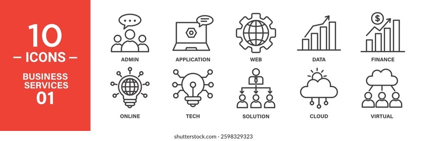 Line icons depict business services: admin team, app, web tech, data growth, finance charts, online solutions, cloud computing, virtual teamwork.