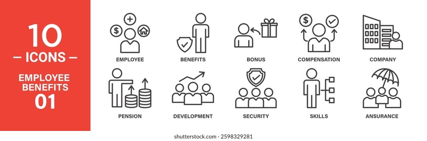 Line icons depict employee benefits: salary, bonus, pension, development, security, skills, insurance, company, and more.