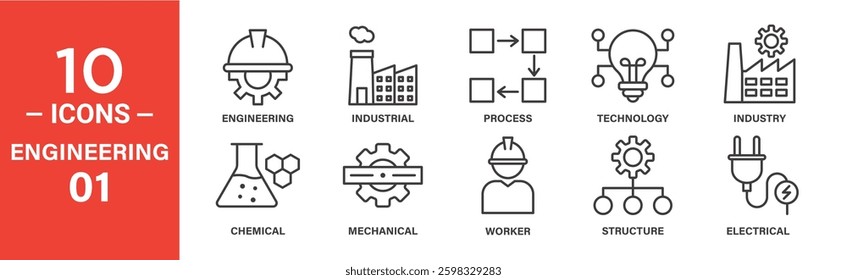 Line icons depict engineering fields: chemical, mechanical, electrical, industrial processes, technology, worker, structure.