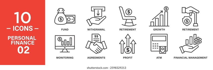 Line icons depict financial management concepts: funds, withdrawals, retirement planning, growth charts, profit, agreements, ATM use, and monitoring.