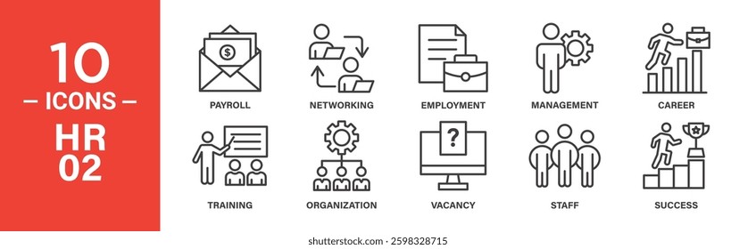 Line icons depict HR processes: payroll, networking, employment, management, career progression, training, organization, vacancies, staffing, and success.