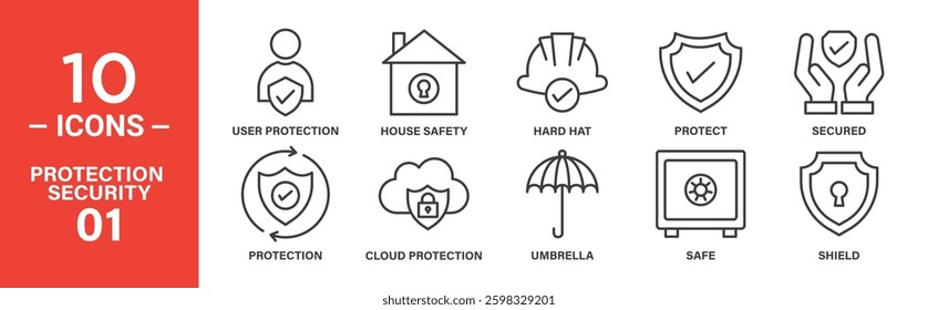 Line icons depict user, house, hard hat, shield, secured hands, circular protection, cloud protection, umbrella, safe, and keyhole shield.