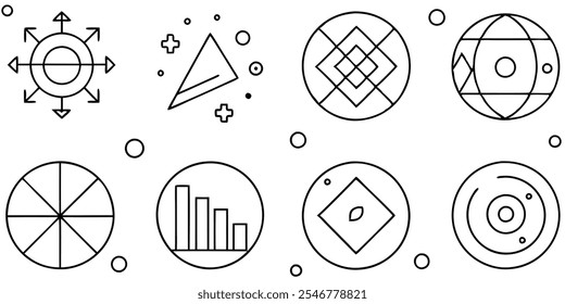 Ícones de linha que descrevem a análise de dados e formas geométricas, incluindo gráficos de pizza, gráficos de barras, triângulos e esferas.