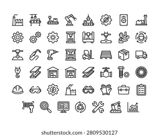 Line icons depicting machinery tools and factory equipment on transparent background