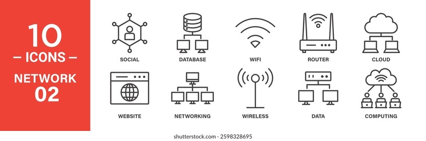 Line icons depicting social network, database, wifi, router, cloud computing, website, networking, wireless, data, and computing.