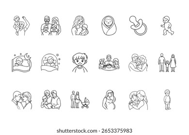 Line icons depicting various family members parenting moments Bundle baby child