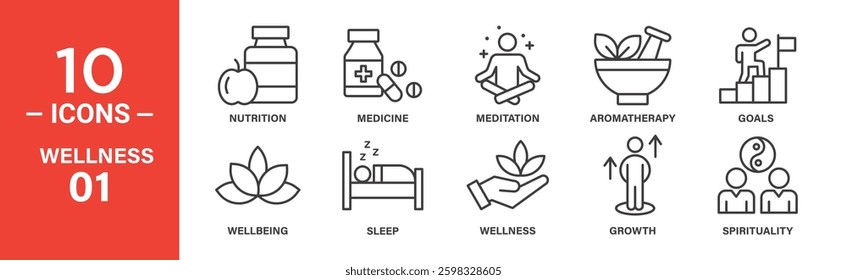 Line icons depicting wellness aspects: nutrition, medicine, meditation, aromatherapy, goals, wellbeing, sleep, growth, spirituality.