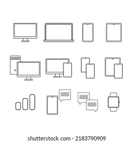 Iconos de línea de dispositivos y electrónica. Conjunto de iconos vectores de computadoras, teléfonos móviles e iconos de pantalla