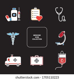 Iconos de línea de diferentes objetos del hospital. Iconos de mantenimiento. Fondo negro.