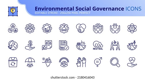 Line icons Environmental Social Governance. Contains such icons as climate crisis, sustainable development, diversity, human rights and responsible investment. Editable stroke Vector 256 pixel perfect - Shutterstock ID 2180416043