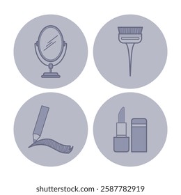 Line icons of essential beauty tools. Mirror, brush, pencil, and lipstick. Makeup concept