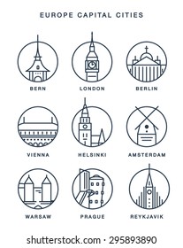 Line icons. Europe capital cities. Minimalistic style. Can be used for logo, banner, guidebook and etc
