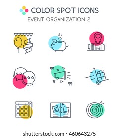 Line Icons Of Events Planning.Modern Design Graphic Event Marketing Concept, Website Elements. For Special Occasions Organization, Catering Service And Marketing Agency.
