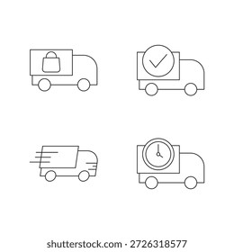 Iconos de línea con marca de verificación, velocidad y servicios de entrega de tiempo.