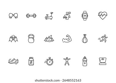 Line icons fitness sports equipment including boxing gloves dumbbell running man