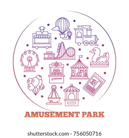 Line Icons Flat Amusement Park Round Logo Design. Vector Illustration