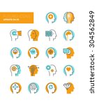 Line icons with flat design elements of mental health and autism problem, human brain process, people mind transformation, head thinking. Modern infographic vector logo pictogram collection concept.