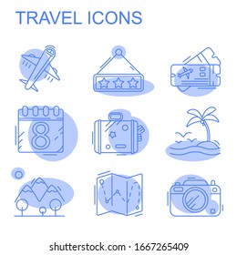 Line icons with flat design elements of air travel for spa holidays, tour planning. Modern infographics vector logo pictogram collection concept.