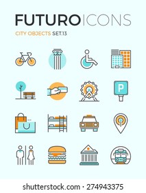 Line icons with flat design elements of city travel sign and objects, transportation infrastructure, museum architecture, trip on vacation. Modern infographic vector logo pictogram collection concept.