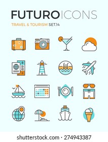 Line icons with flat design elements of air travel to resort vacation, tour planning, recreational rest, holiday trip for leisure activity. Modern infographic vector logo pictogram collection concept.