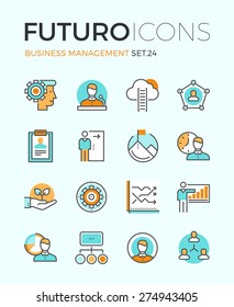 Line icons with flat design elements of business people organization, human resource management, company seminar training, career progress. Modern infographic vector logo pictogram collection concept.